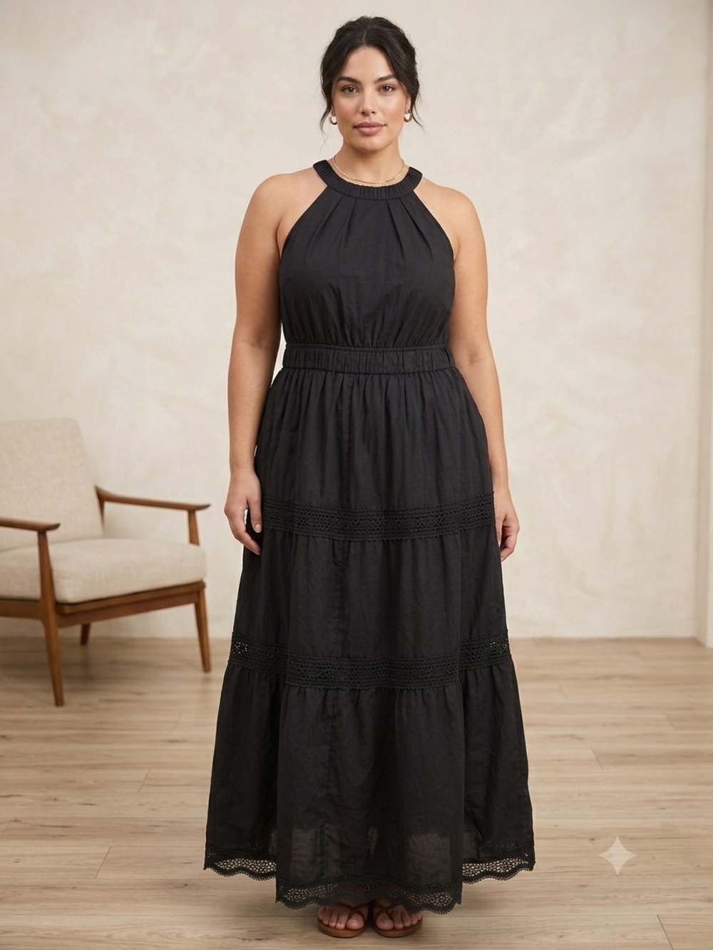 Abercrombie & Fitch Black Tiered Maxi Dress XL Pocket Crochet Cross Back Prairie